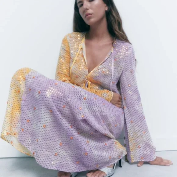 NWT ZARA SEQUIN MIDI DRESS MULTICOLORED 7521/252 M, XS